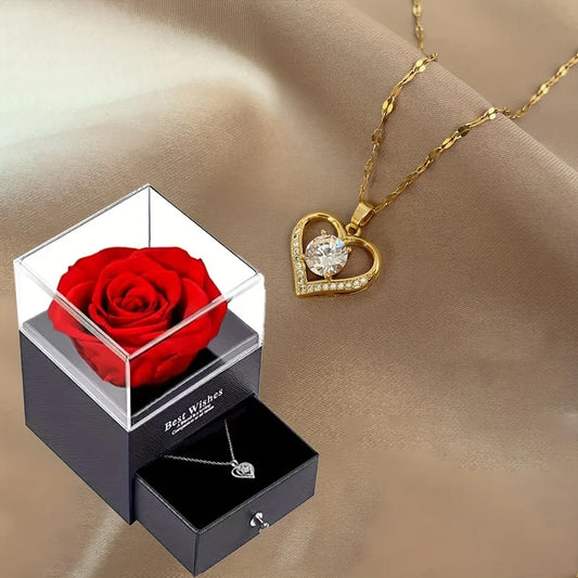 Luxury Zircon Necklace With Preserved Rose Flower Gift Box Jewelry Set For Mom Girlfriend Wife Birthday Christmas Romantic Gifts
